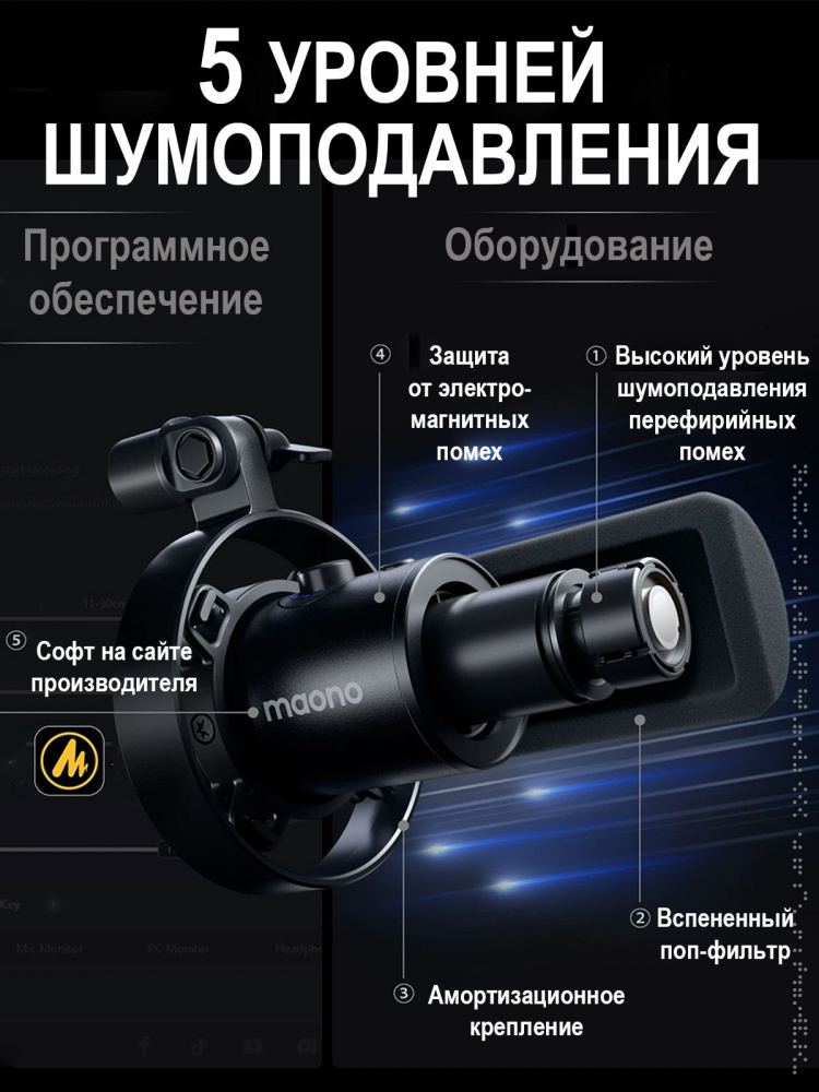 картинка Динамический микрофон Maono, модель PD300X, черный 