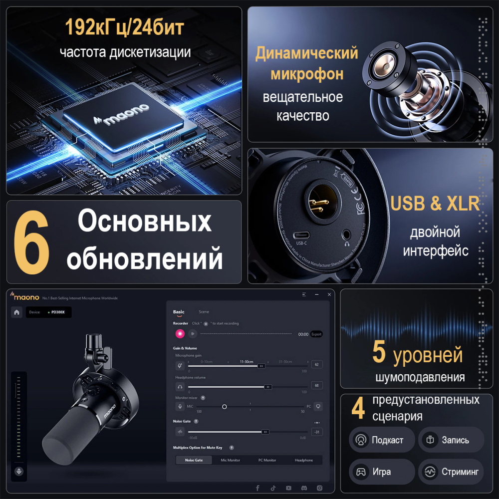 картинка Динамический микрофон Maono, модель PD300X, черный 