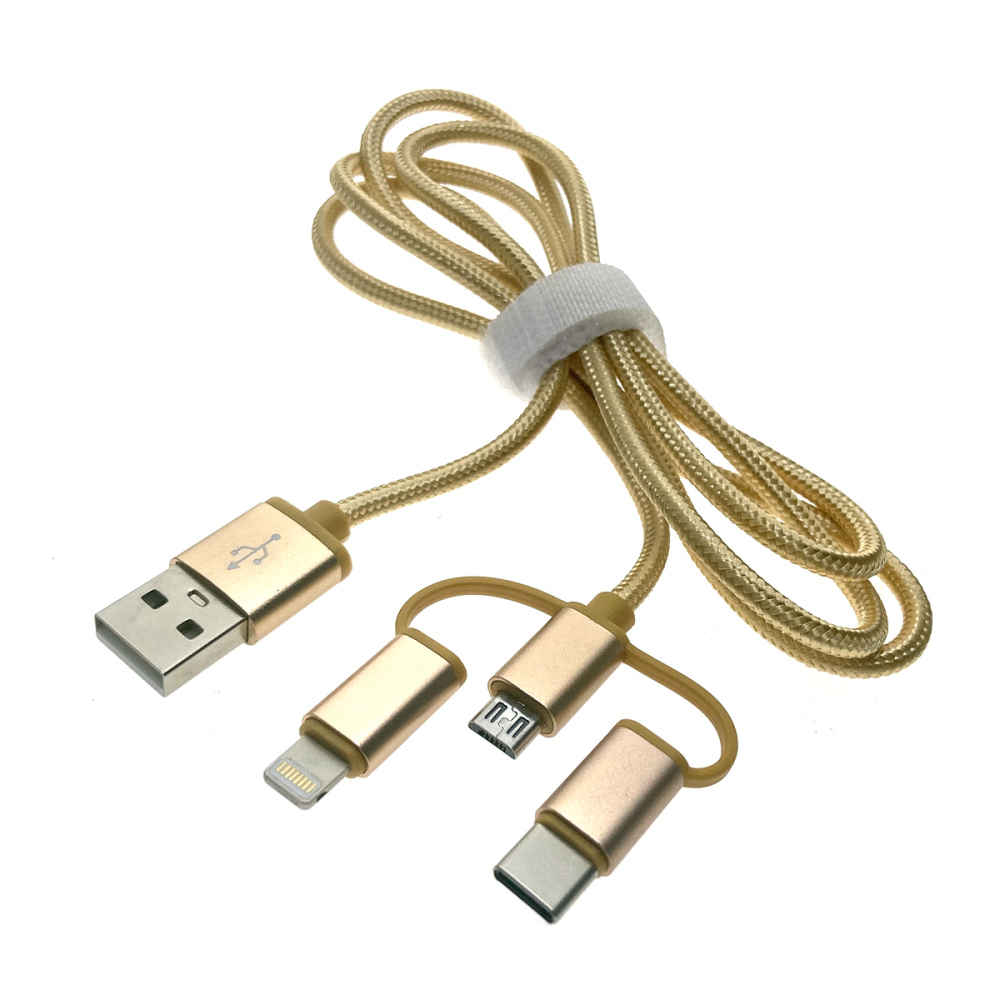 картинка Универсальный кабель - переходник 3в1 USB 2.0 Am to Lightning + microUSB + USB type C 3.1 1м, цвет золото, модель: Eusb3in1m-m-g Espada для передачи данных и зарядки 
