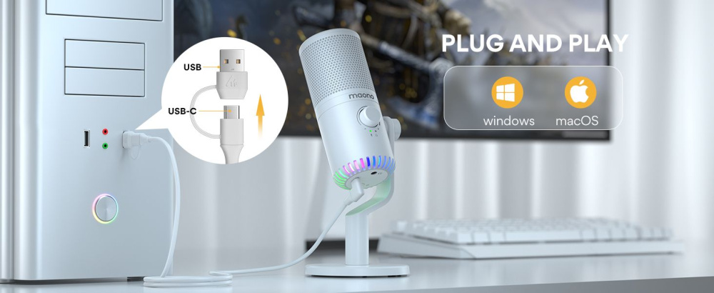 картинка Микрофон MAONO DM30, белый, с RGB подсветкой 