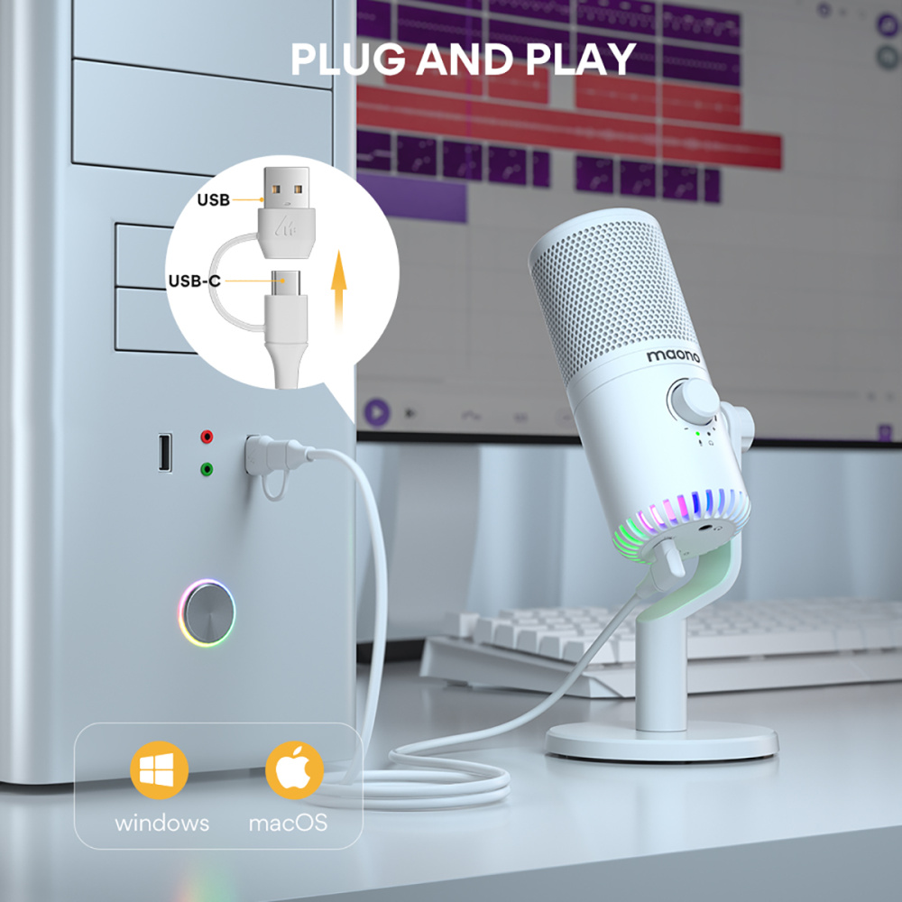 картинка Микрофон MAONO DM30, белый, с RGB подсветкой 